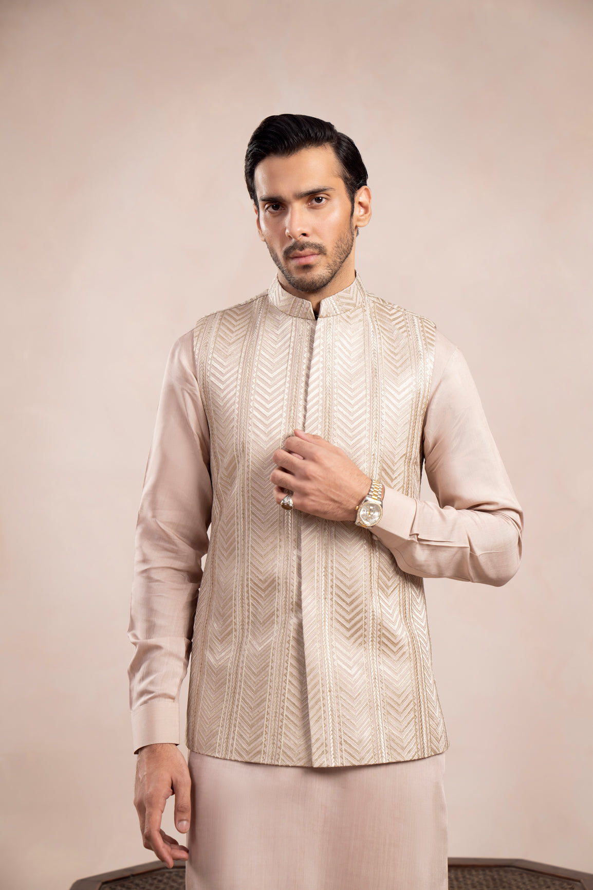 Coffee Beige Arrow Embroidered Raw Silk Waistcoat Kurta (3-Piece) - Image 7