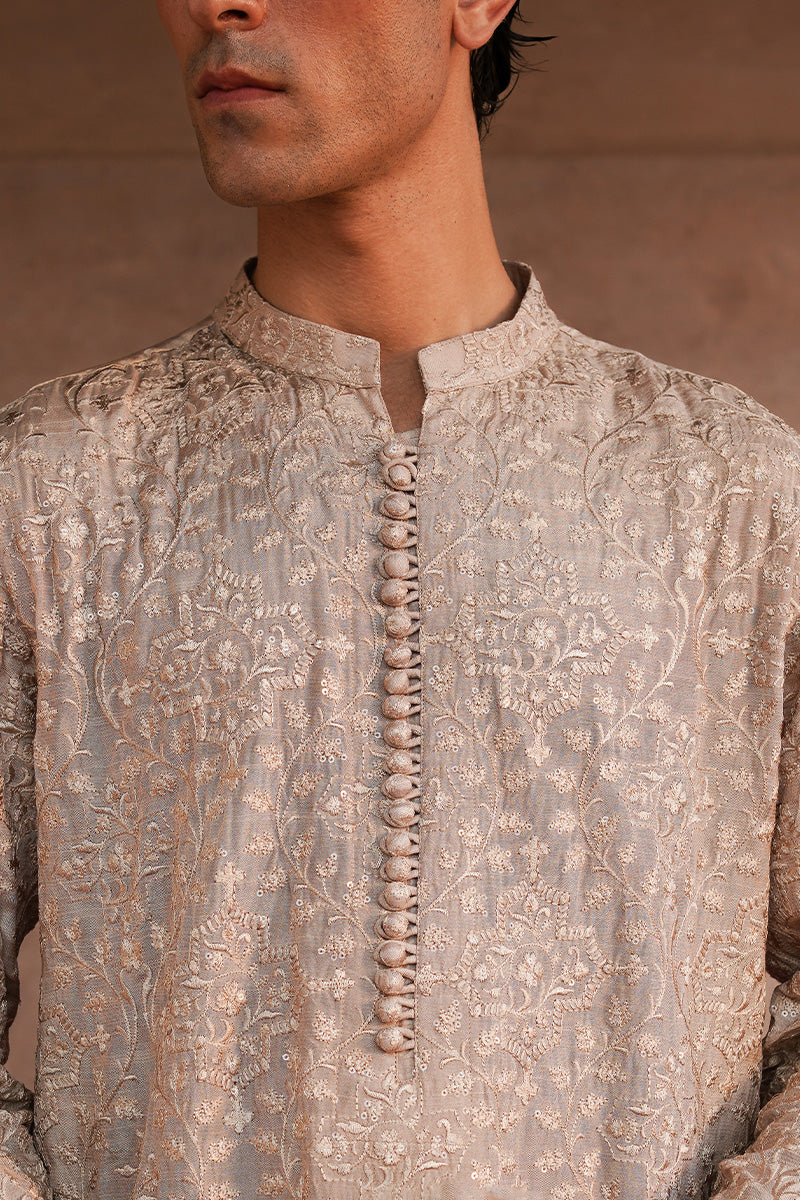 Beige Embroidered Raw Silk Waistcoat Kurta (3-Piece) - Image 4