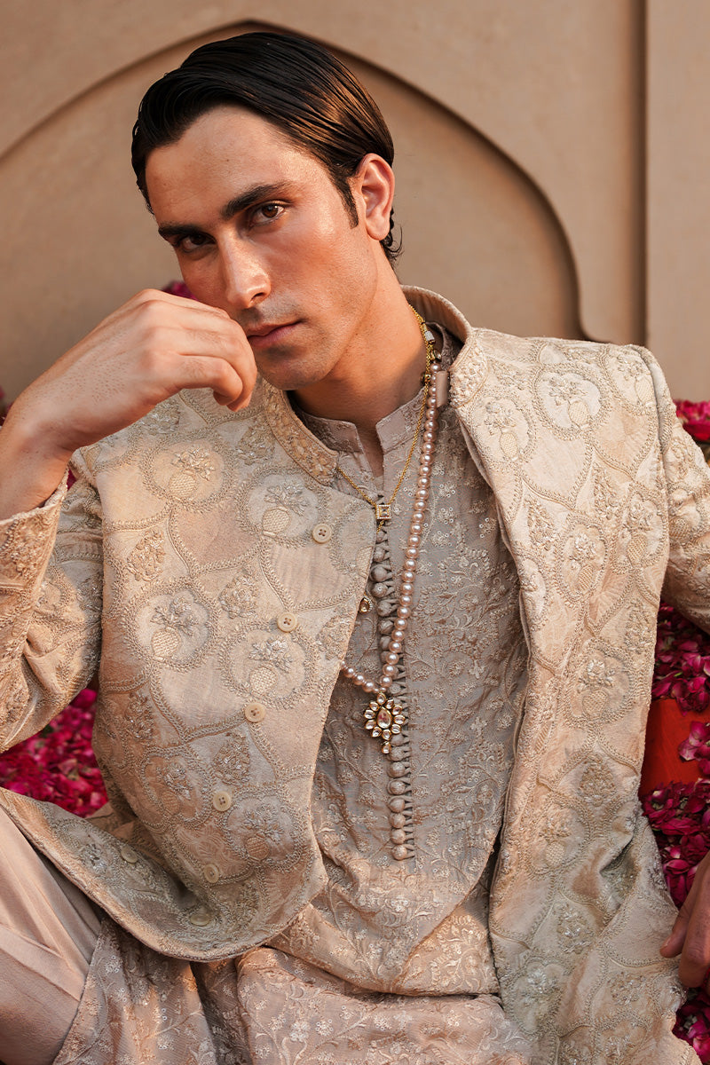 Beige Embroidered Raw Silk Waistcoat Kurta (3-Piece) - Image 5