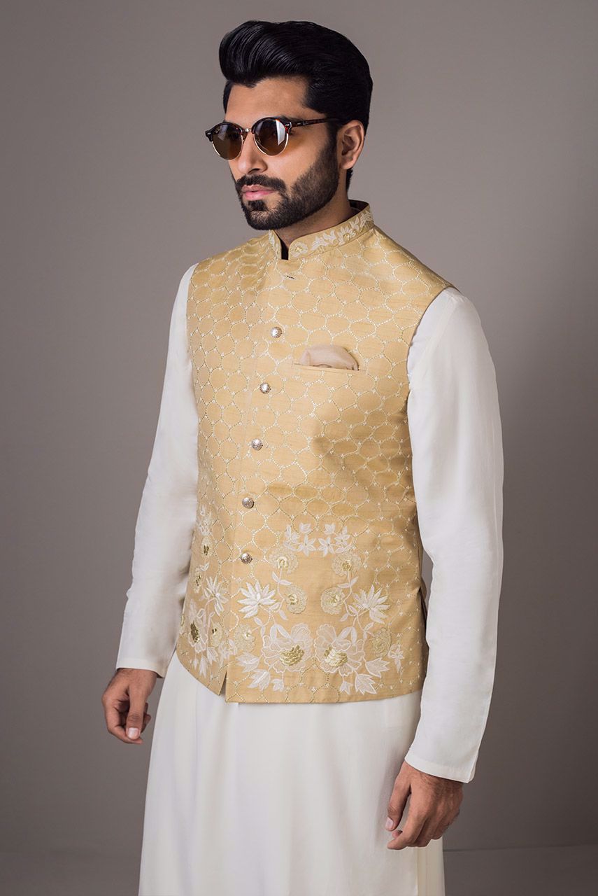 Beige Embroidered Raw Silk Waistcoat Kurta (2-Piece) - Image 1