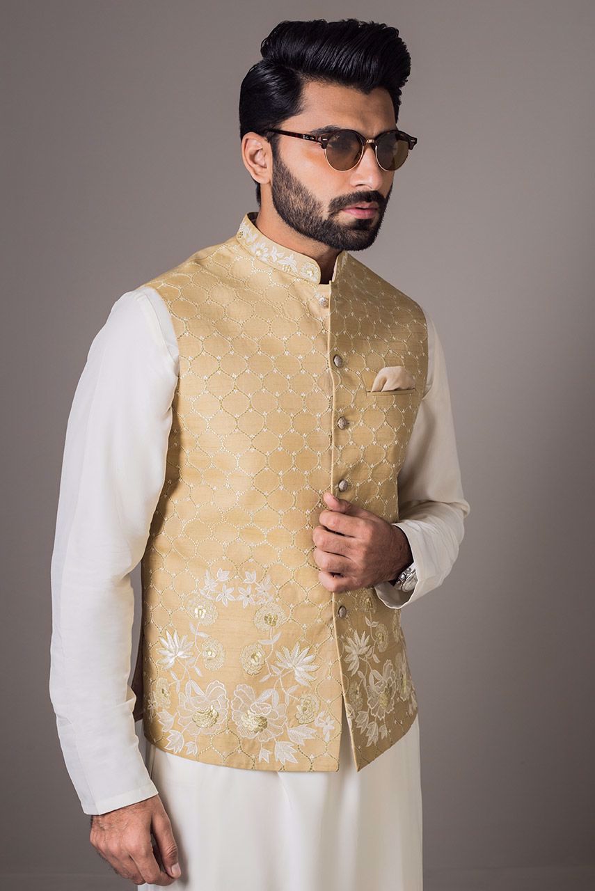 Beige Embroidered Raw Silk Waistcoat Kurta (2-Piece) - Image 2