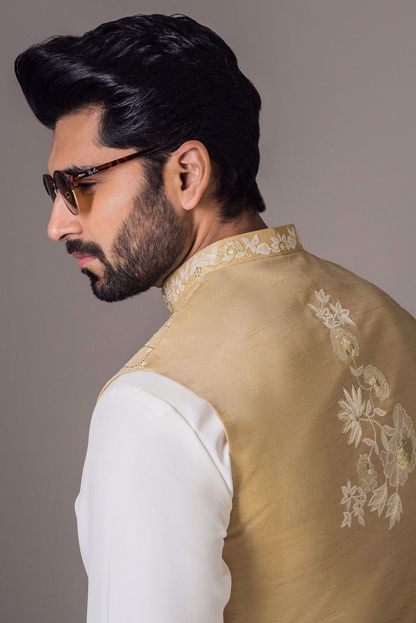 Beige Embroidered Raw Silk Waistcoat Kurta (2-Piece) - Image 3