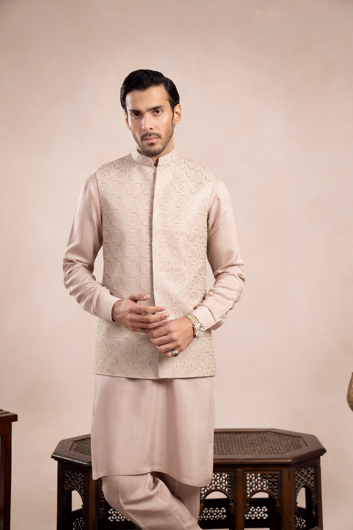 Coffee Beige Embroidered Raw Silk Waistcoat (3-Piece) - Image 4