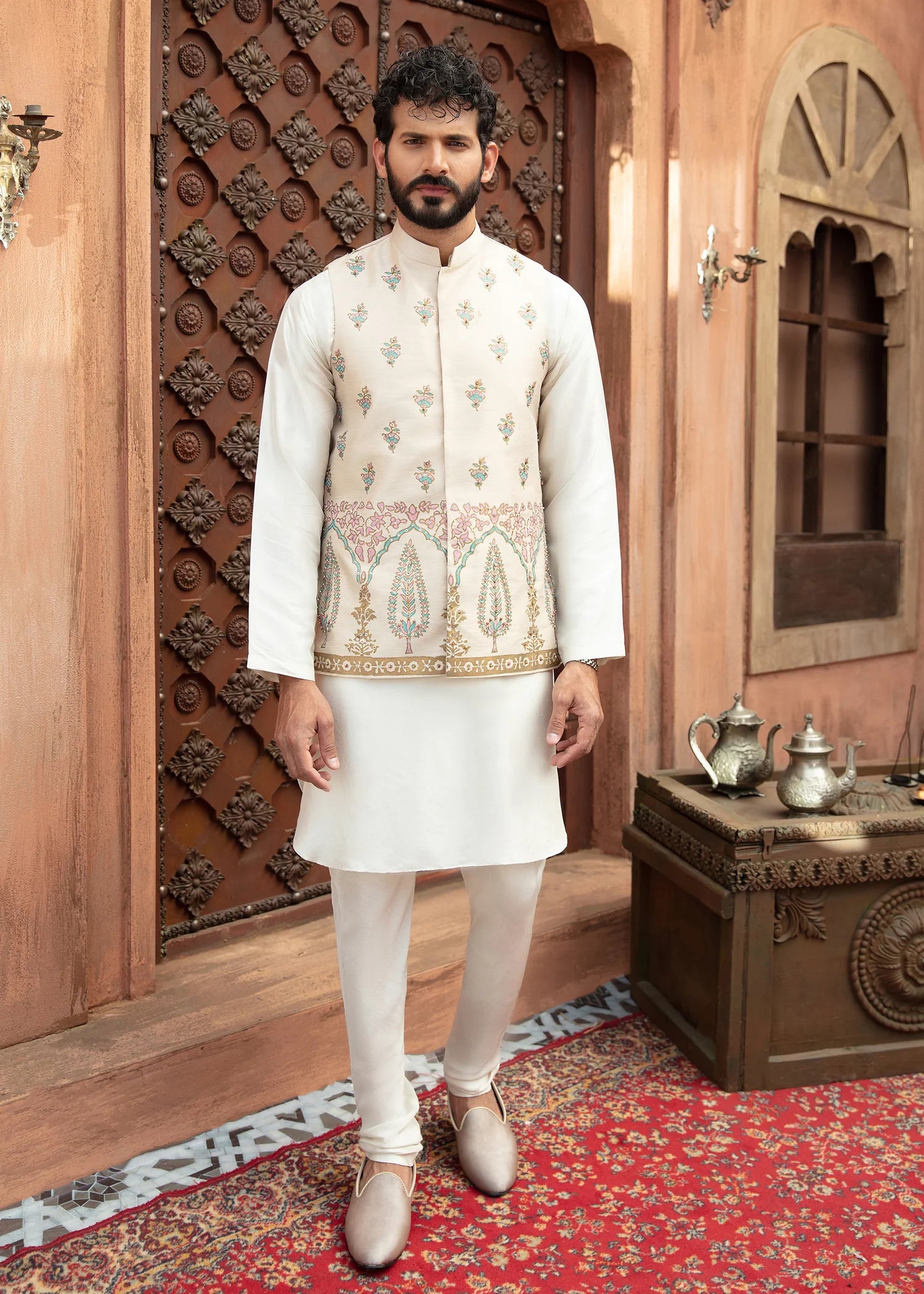 Beige Embroidered Raw Silk Waistcoat Kurta (3-Piece) - Image 1