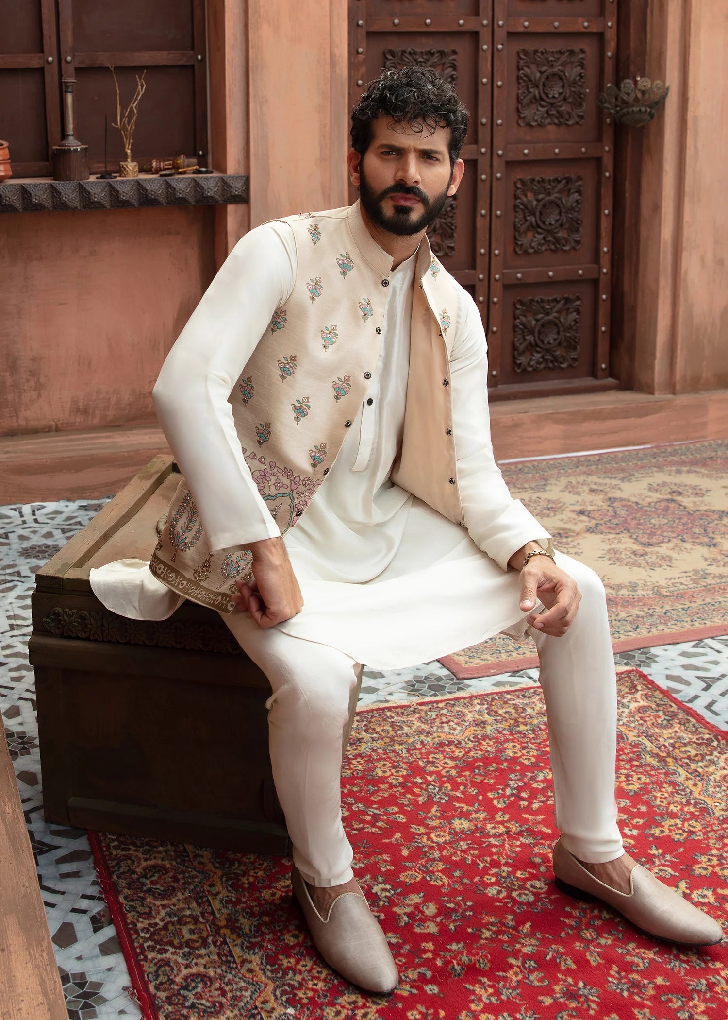 Beige Embroidered Raw Silk Waistcoat Kurta (3-Piece) - Image 2
