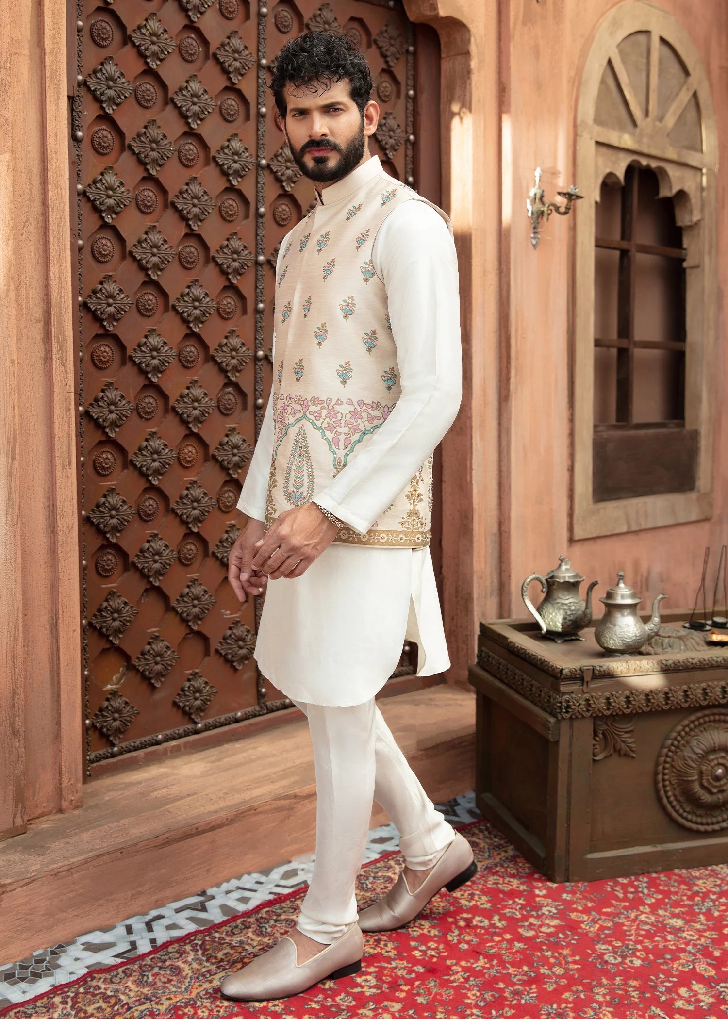 Beige Embroidered Raw Silk Waistcoat Kurta (3-Piece) - Image 3