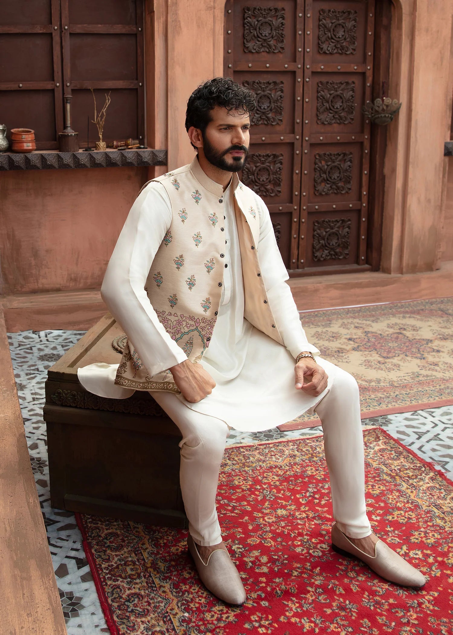 Beige Embroidered Raw Silk Waistcoat Kurta (3-Piece) - Image 4
