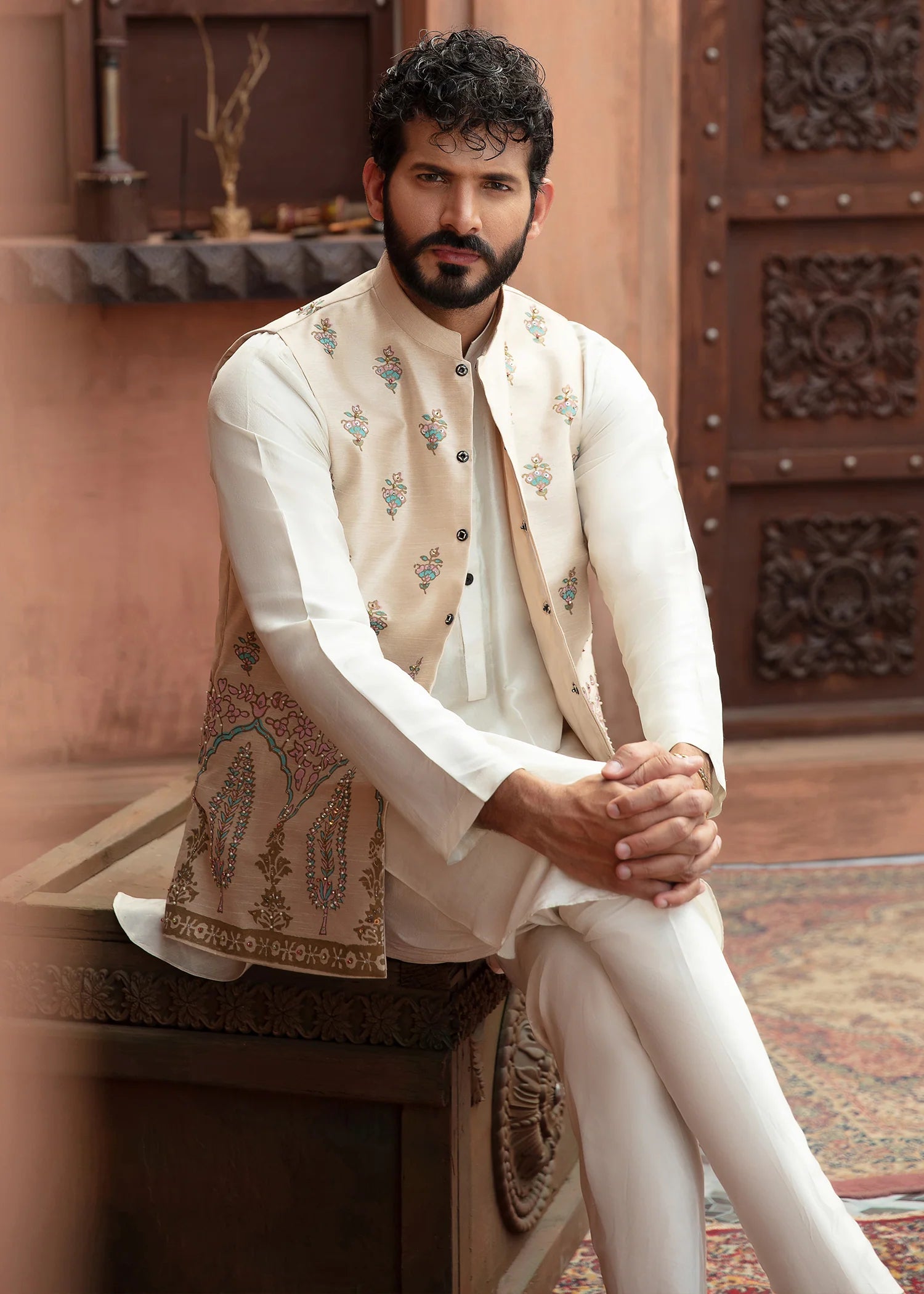 Beige Embroidered Raw Silk Waistcoat Kurta (3-Piece) - Image 5