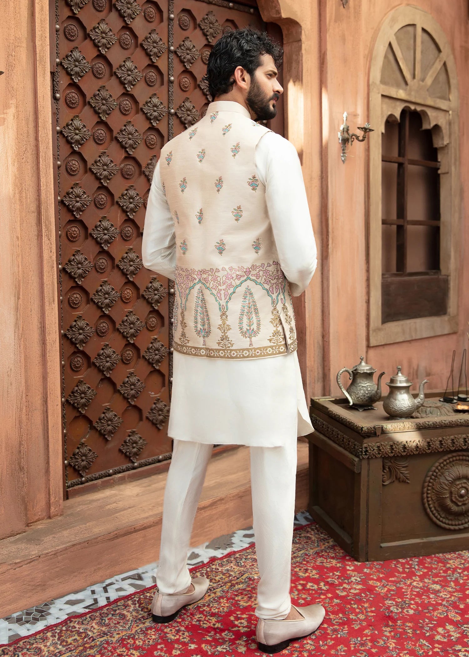 Beige Embroidered Raw Silk Waistcoat Kurta (3-Piece) - Image 6