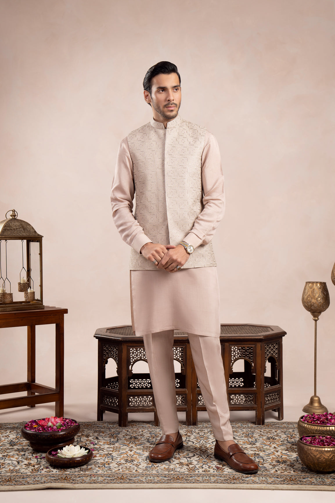 Coffee Beige Embroidered Raw Silk Waistcoat Kurta (3-Piece) - Image 1