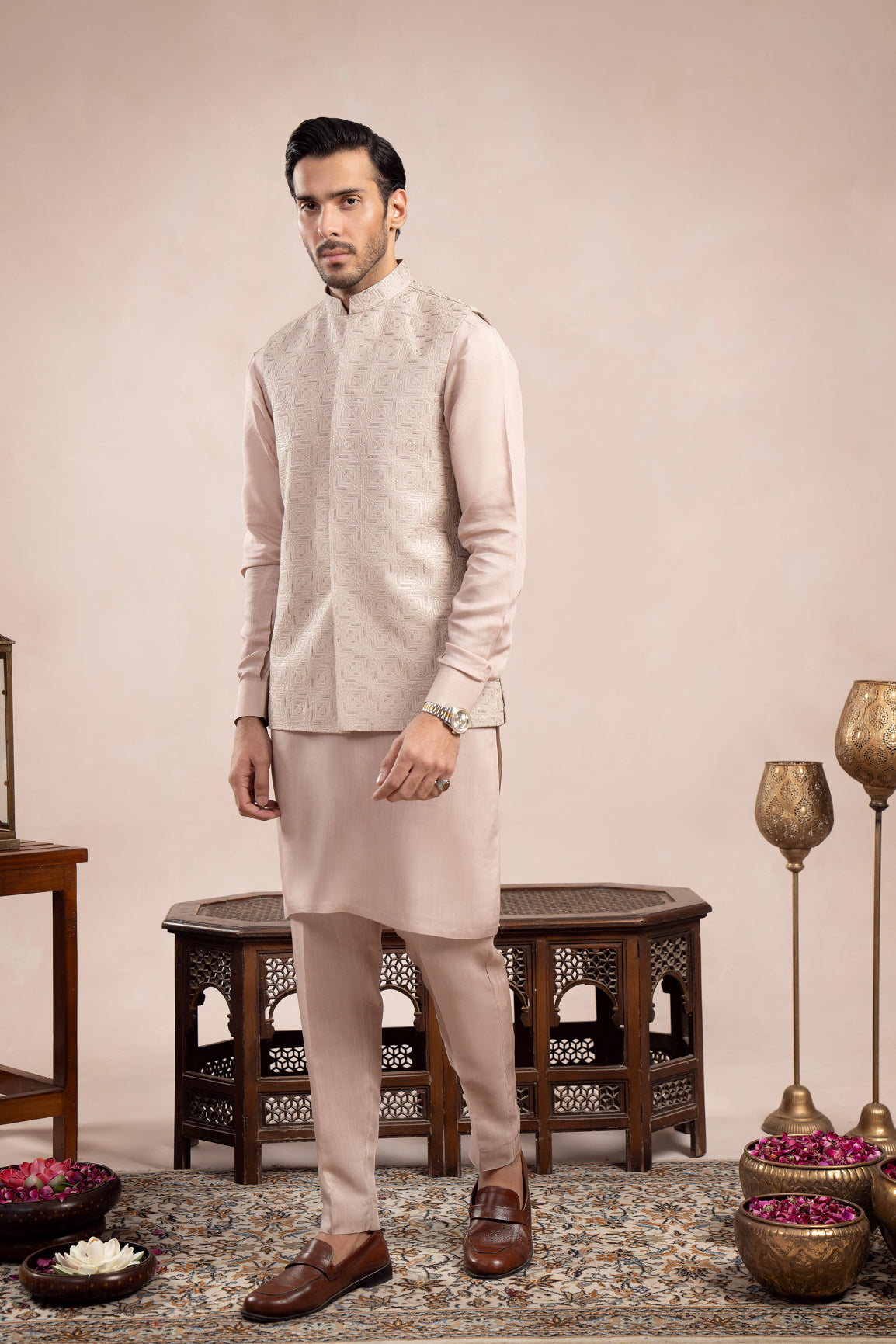Coffee Beige Embroidered Raw Silk Waistcoat Kurta (3-Piece) - Image 2