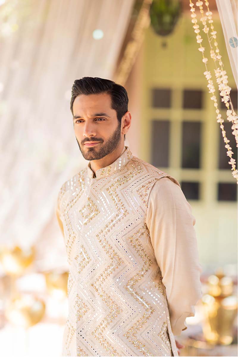 Beige Embroidered Raw Silk Waistcoat Kurta Set (3-Piece) - Image 1