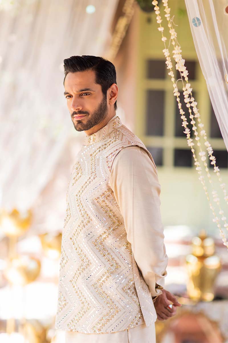 Beige Embroidered Raw Silk Waistcoat Kurta Set (3-Piece) - Image 3
