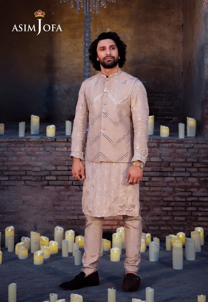 Beige Embroidered Raw Silk Waistcoat Kurta Set (3-Piece) - Image 1