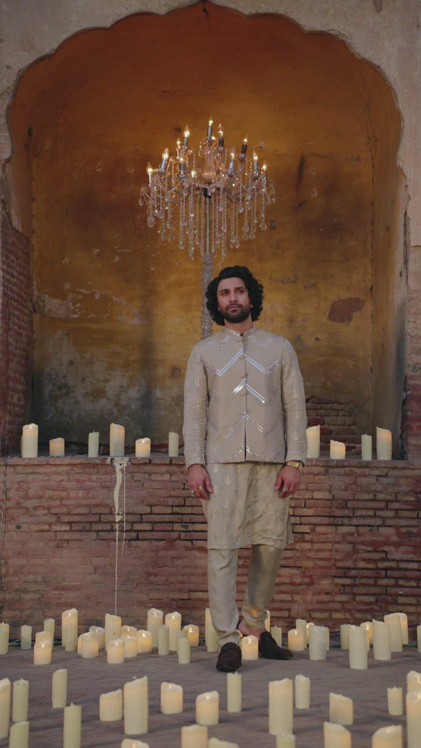 Beige Embroidered Raw Silk Waistcoat Kurta Set (3-Piece) - Image 2