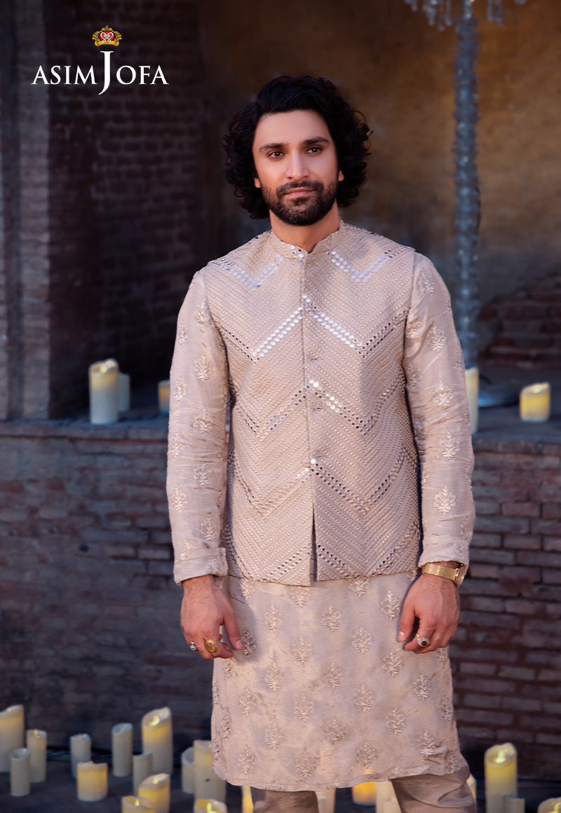 Beige Embroidered Raw Silk Waistcoat Kurta Set (3-Piece) - Image 3