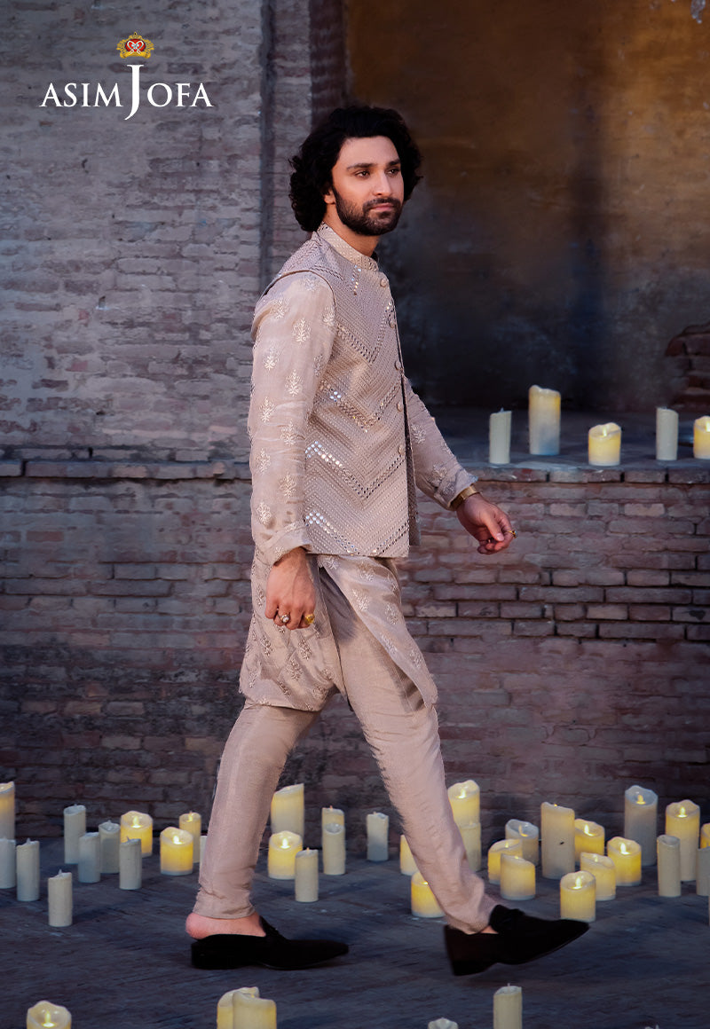 Beige Embroidered Raw Silk Waistcoat Kurta Set (3-Piece) - Image 4