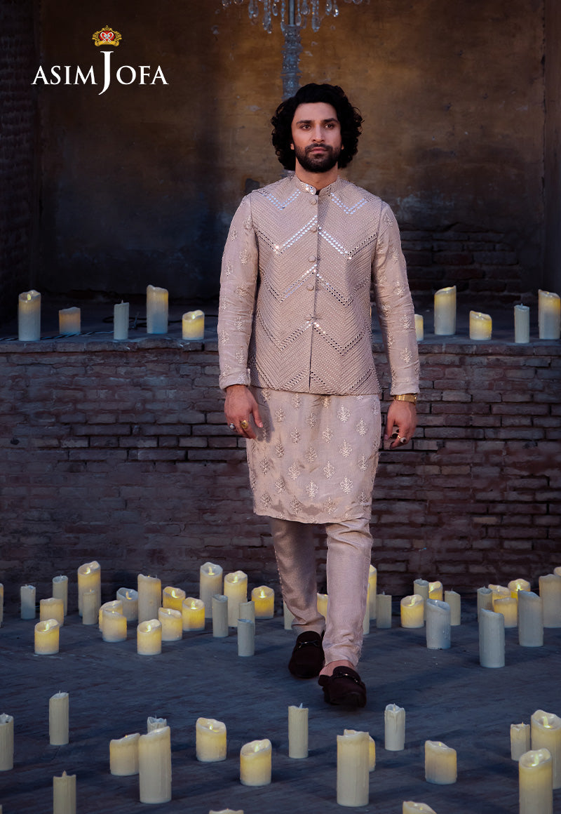 Beige Embroidered Raw Silk Waistcoat Kurta Set (3-Piece) - Image 5