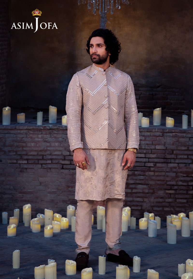 Beige Embroidered Raw Silk Waistcoat Kurta Set (3-Piece) - Image 6