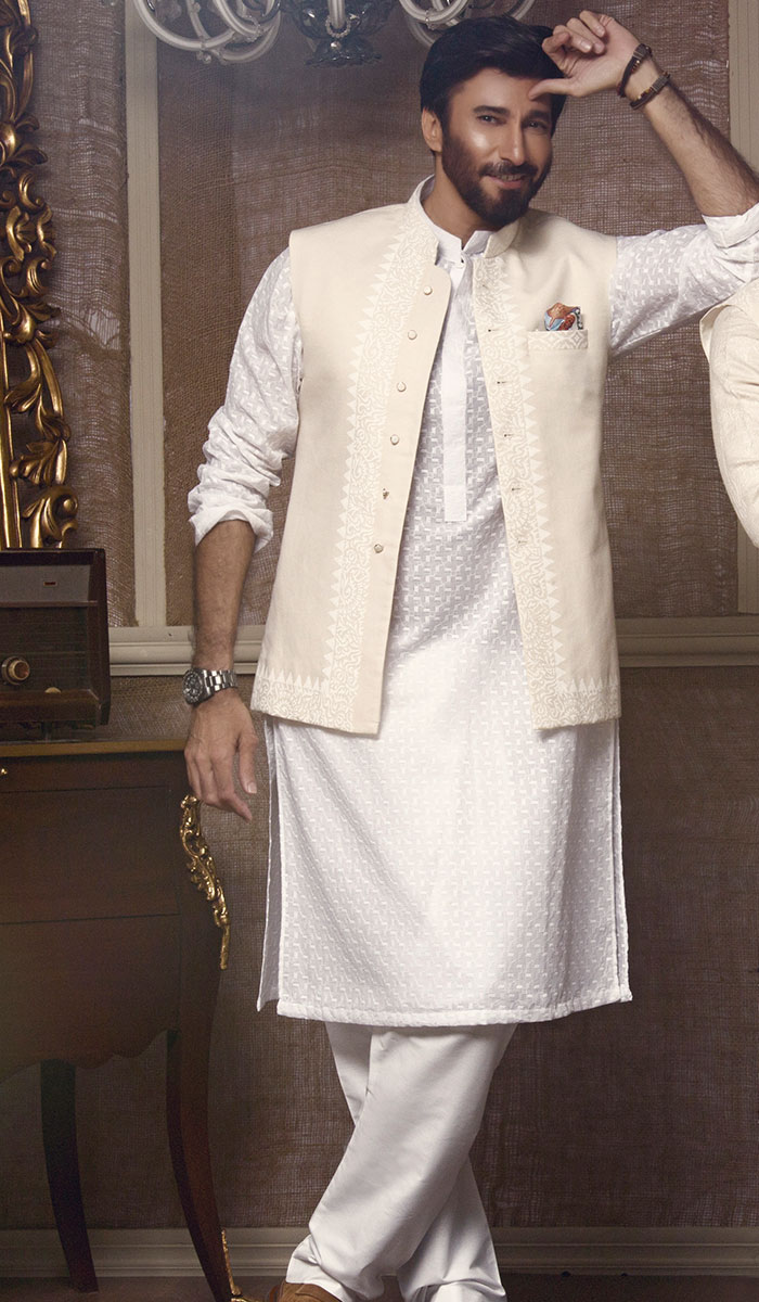 Beige Block Print Raw Silk Waistcoat (3-Piece) - Image 1