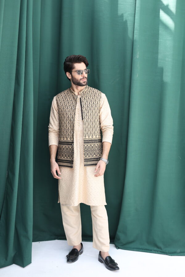 Fawn Embroidered Raw Silk Waistcoat Kurta Set (3-Piece) - Image 1