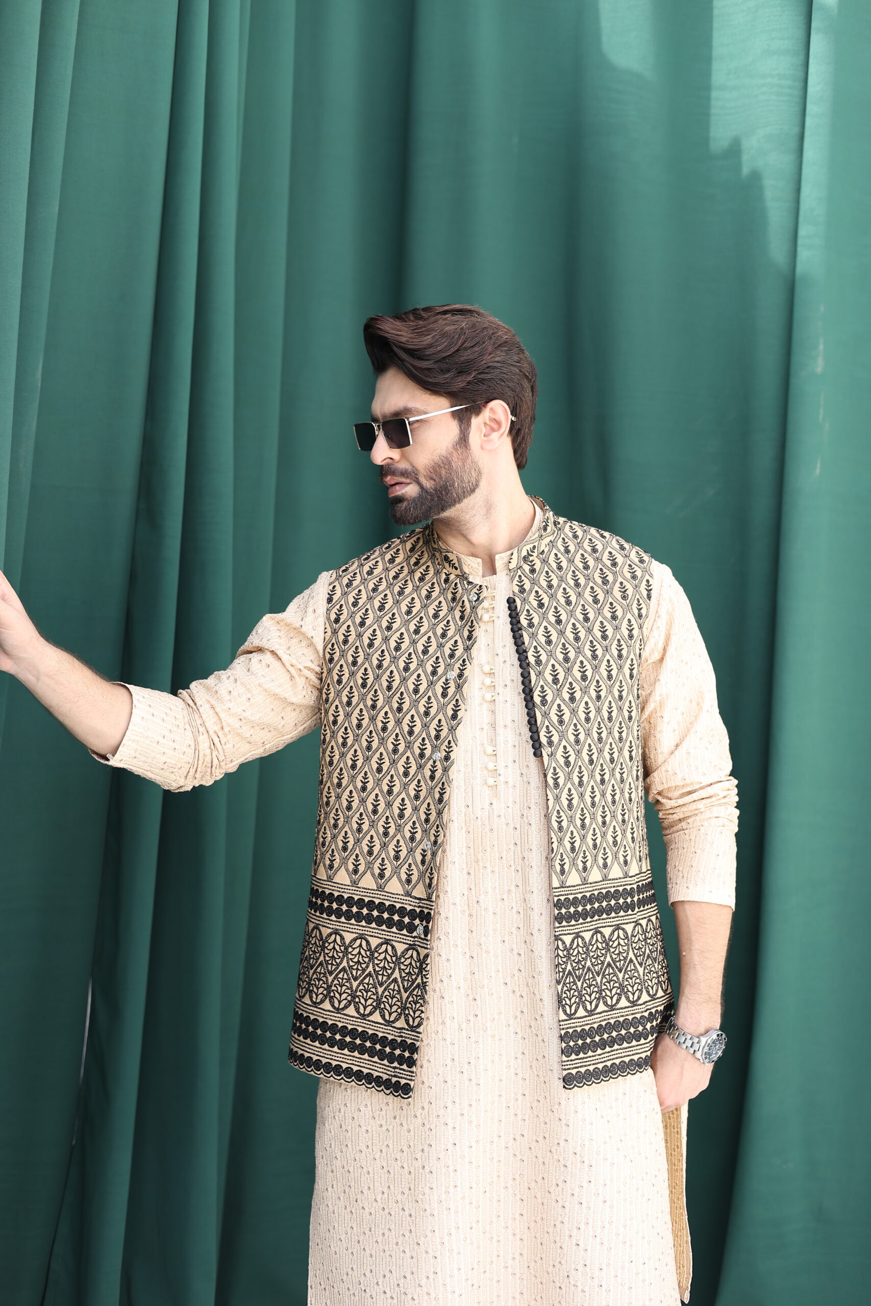 Fawn Embroidered Raw Silk Waistcoat Kurta Set (3-Piece) - Image 3