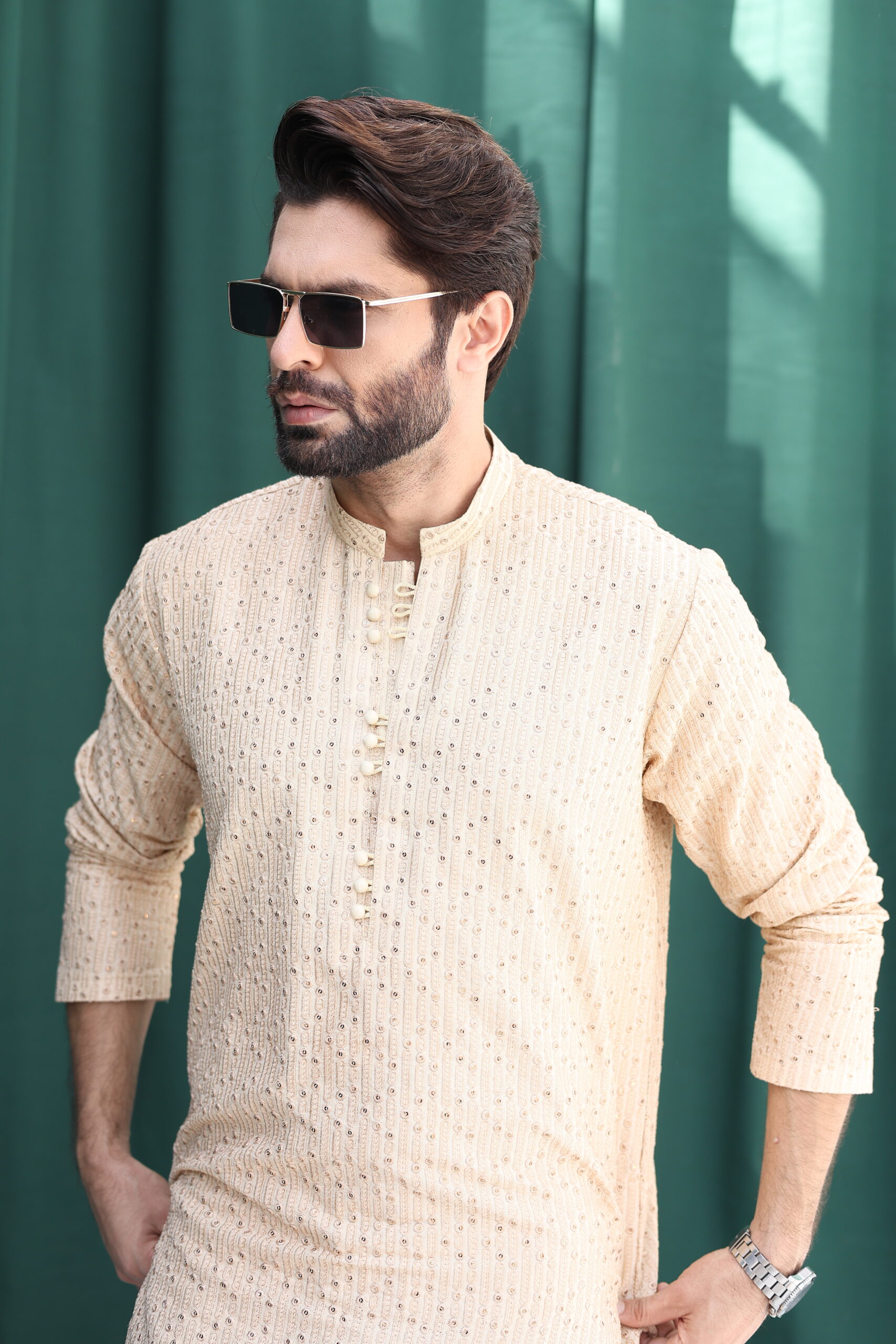 Fawn Embroidered Raw Silk Waistcoat Kurta Set (3-Piece) - Image 6