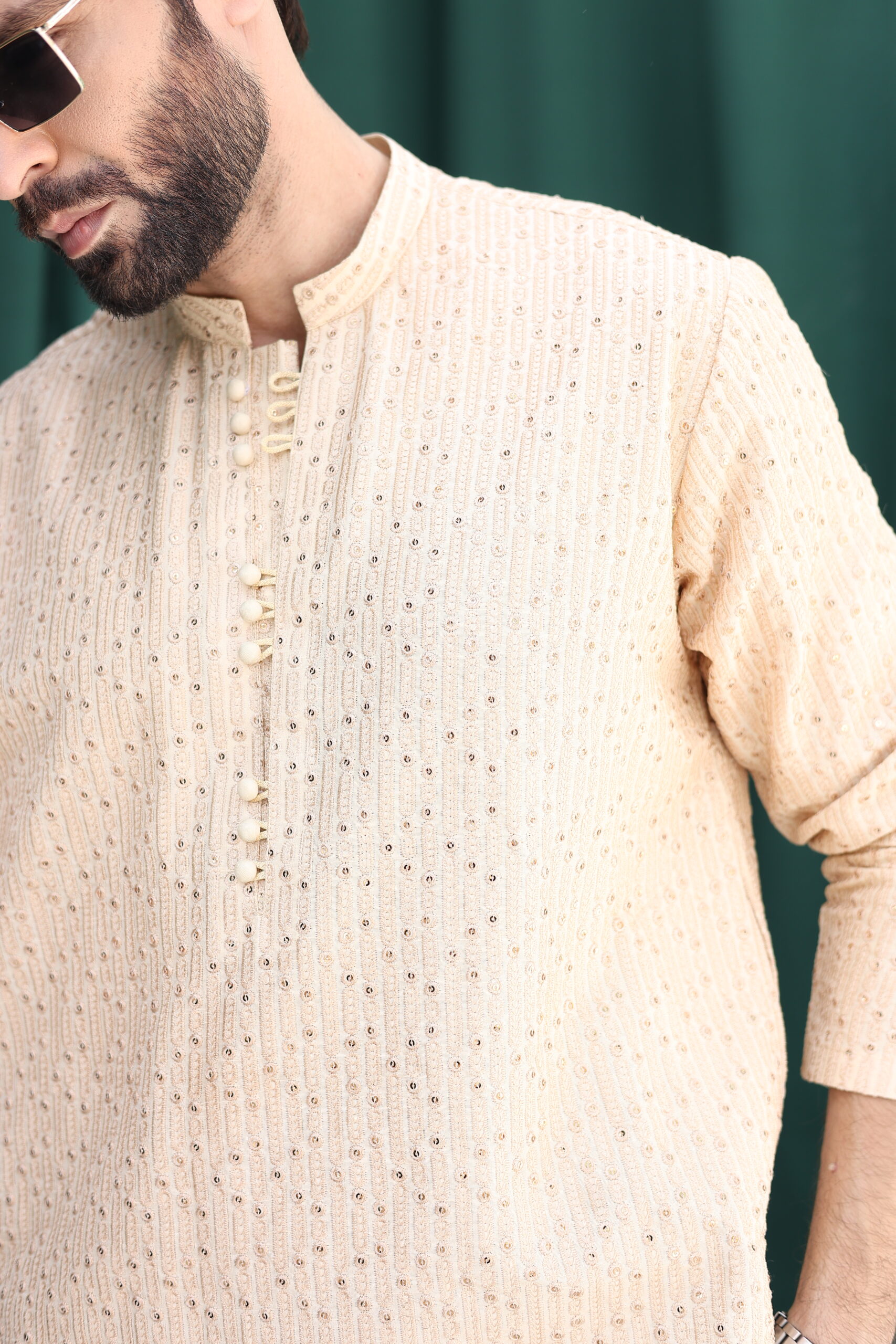 Fawn Embroidered Raw Silk Waistcoat Kurta Set (3-Piece) - Image 8