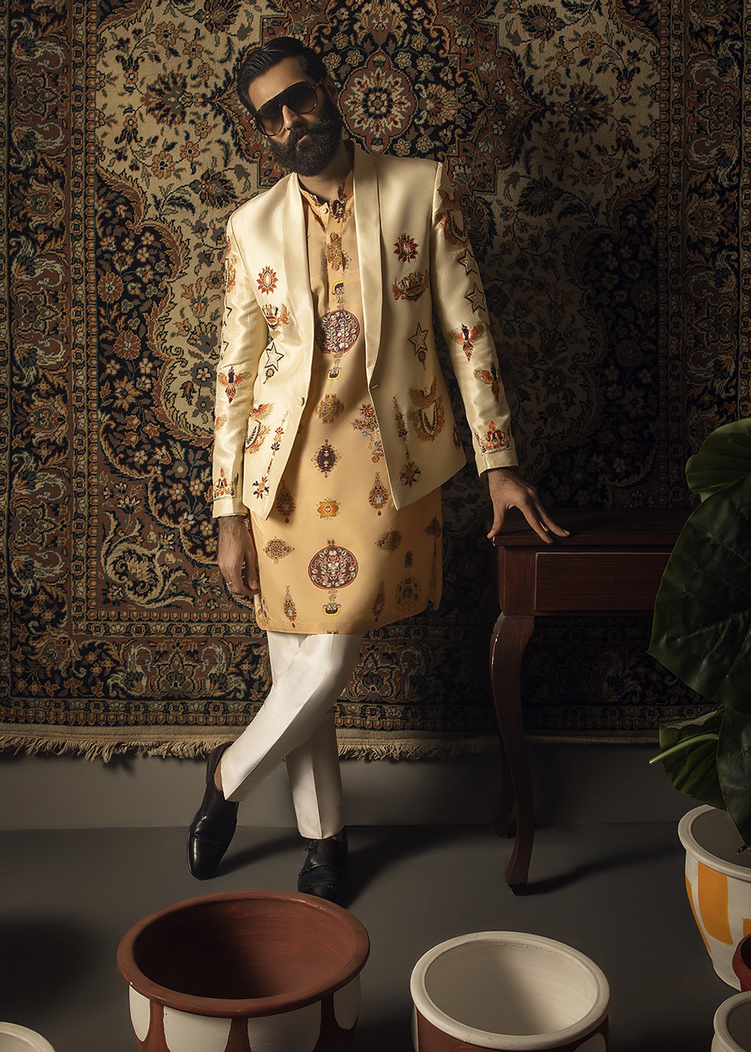Latte Aari Embroidered Silk Waistcoat Kurta (3-Piece) - Image 1