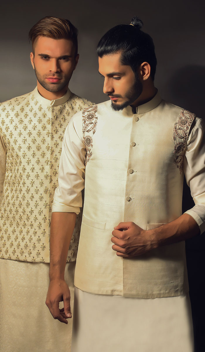 Beige Embroidered Silk-Blend Waistcoat Kurta (3-Piece) - Image 1