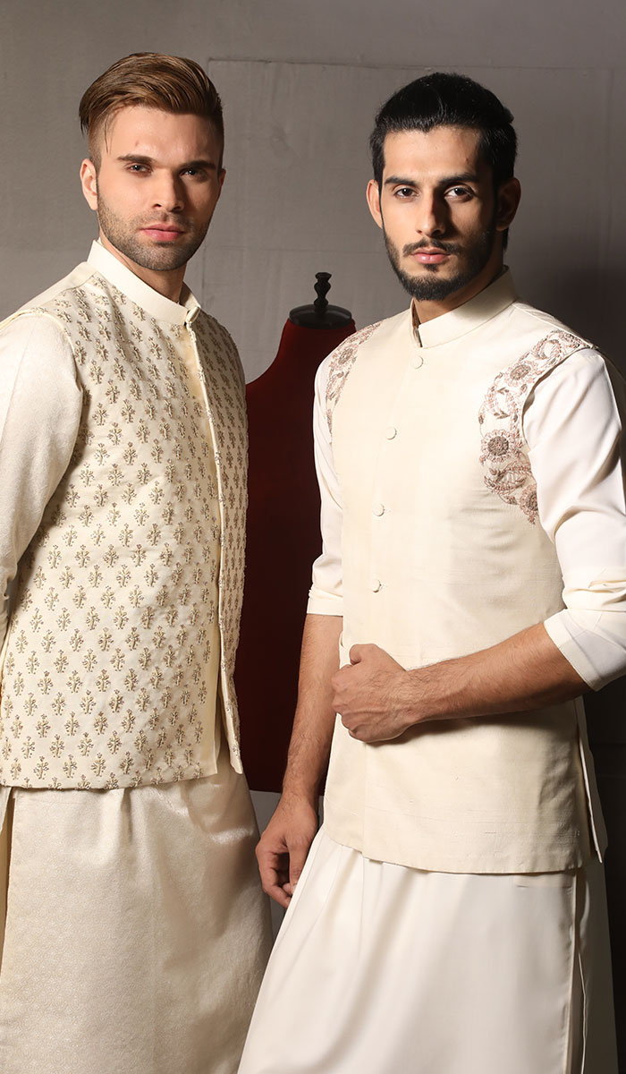 Beige Embroidered Silk-Blend Waistcoat Kurta (3-Piece) - Image 2