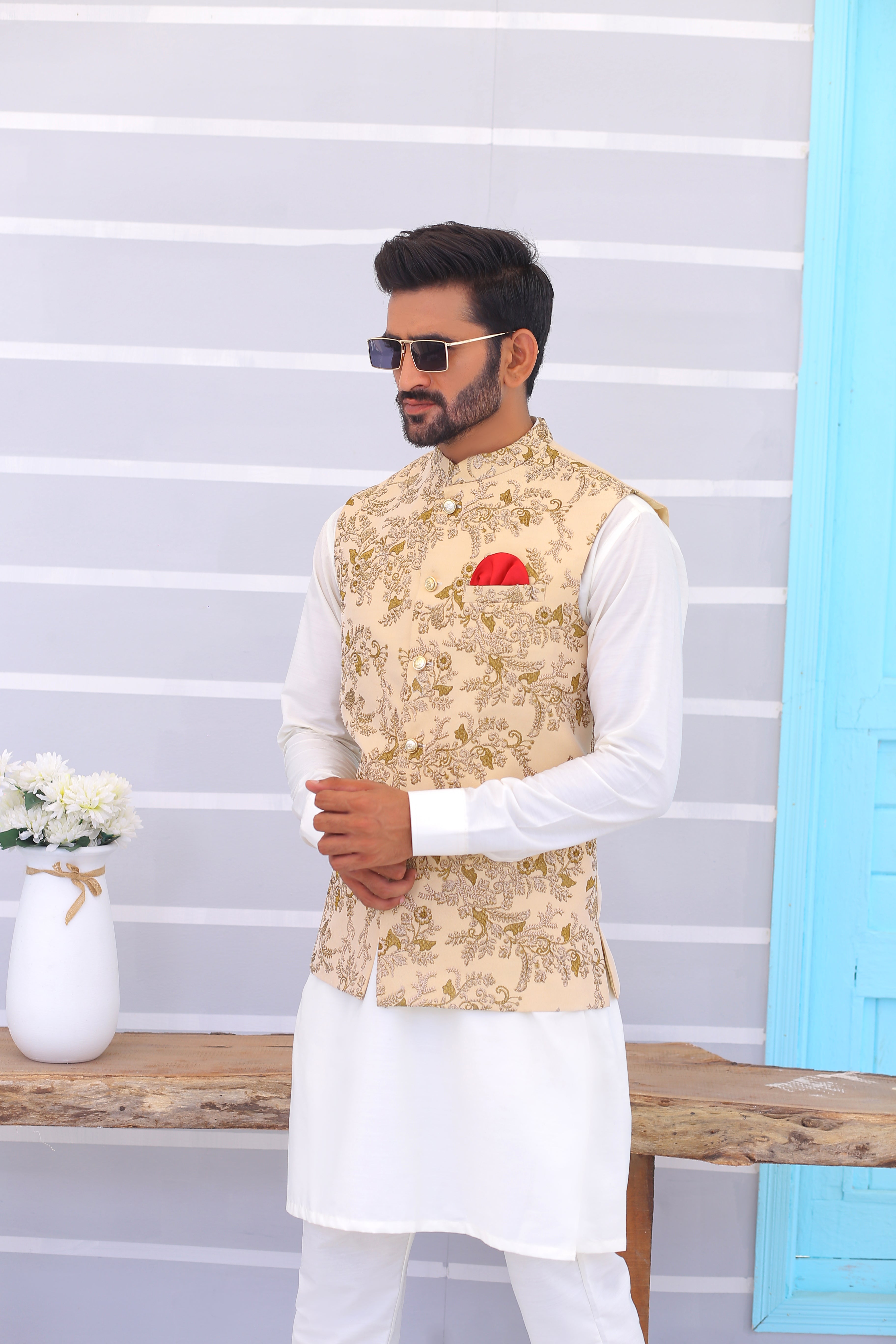 Beige Gold Thread Embroidered Silk-Blend Waistcoat (3-Piece) - Image 1