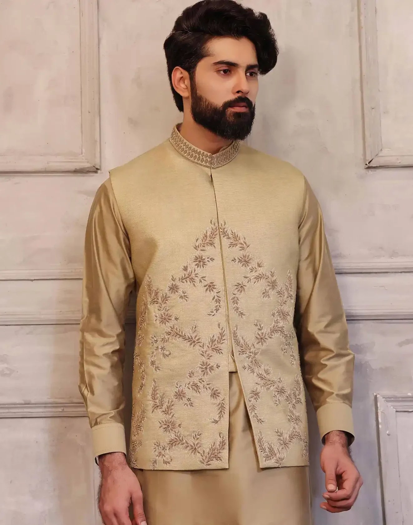 Tan Beige Hand-Embroidered Silk-Blend Waistcoat Kurta (3-Piece) - Image 1
