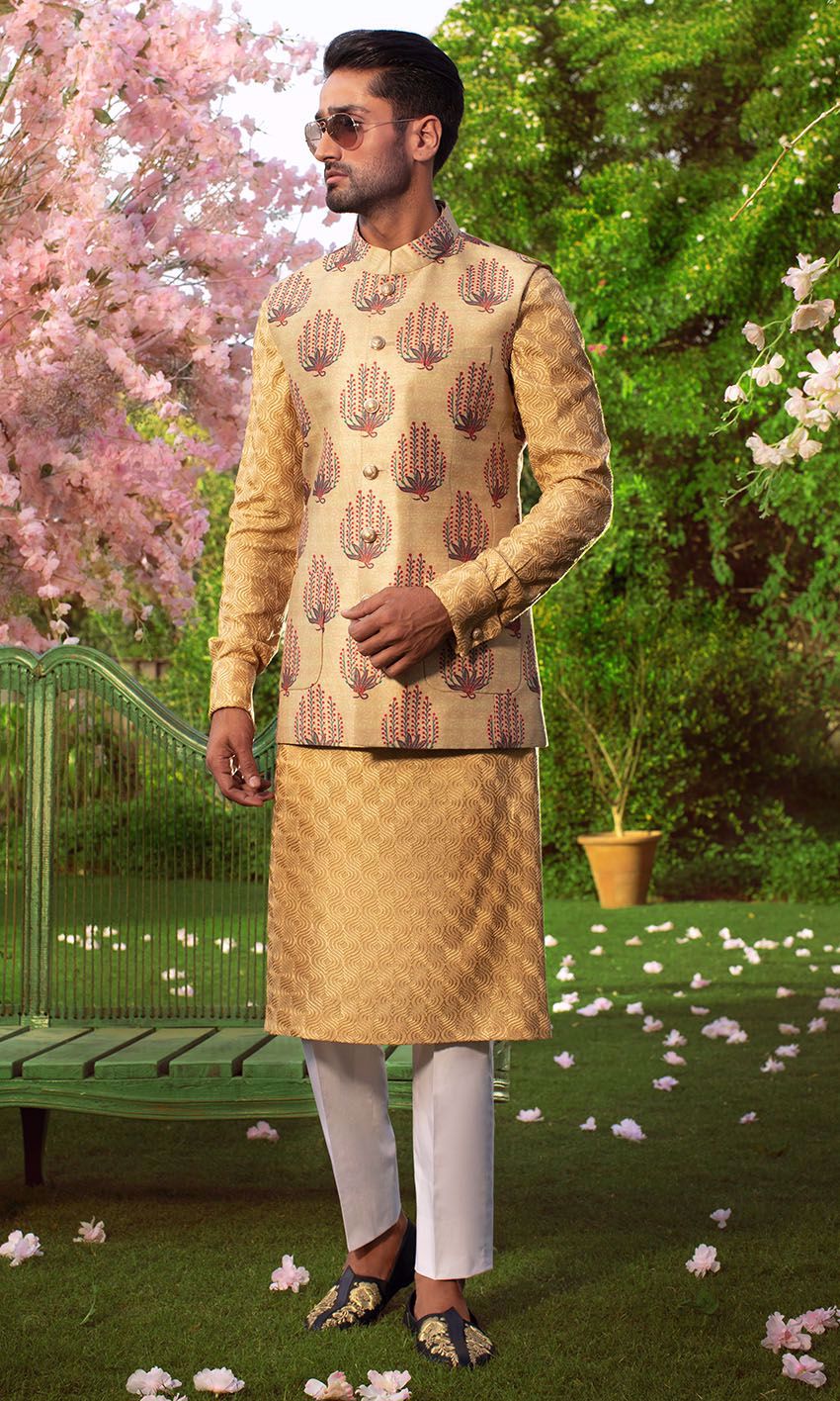 Beige Gold Embroidered Silk-Blend Waistcoat Kurta (3-Piece) - Image 1