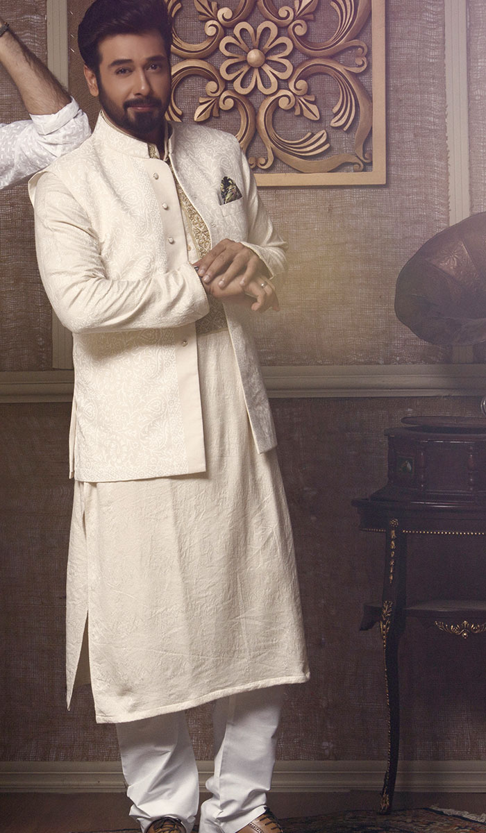 Beige Block Print Silk-Blend Waistcoat Kurta (3-Piece) - Image 1