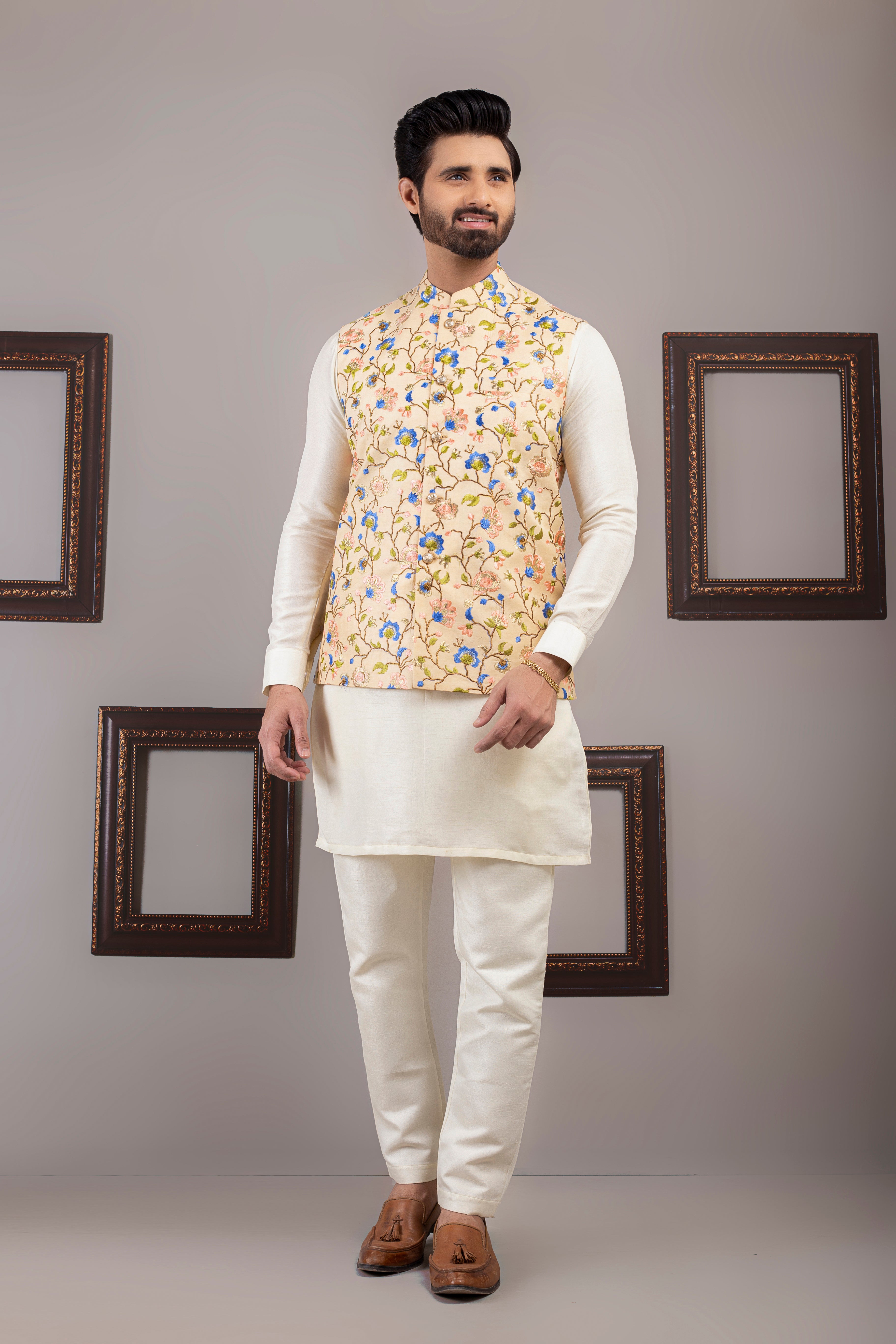 Beige Multi-Coloured Embroidered Silk-Blend Waistcoat (3-Piece) - Image 1