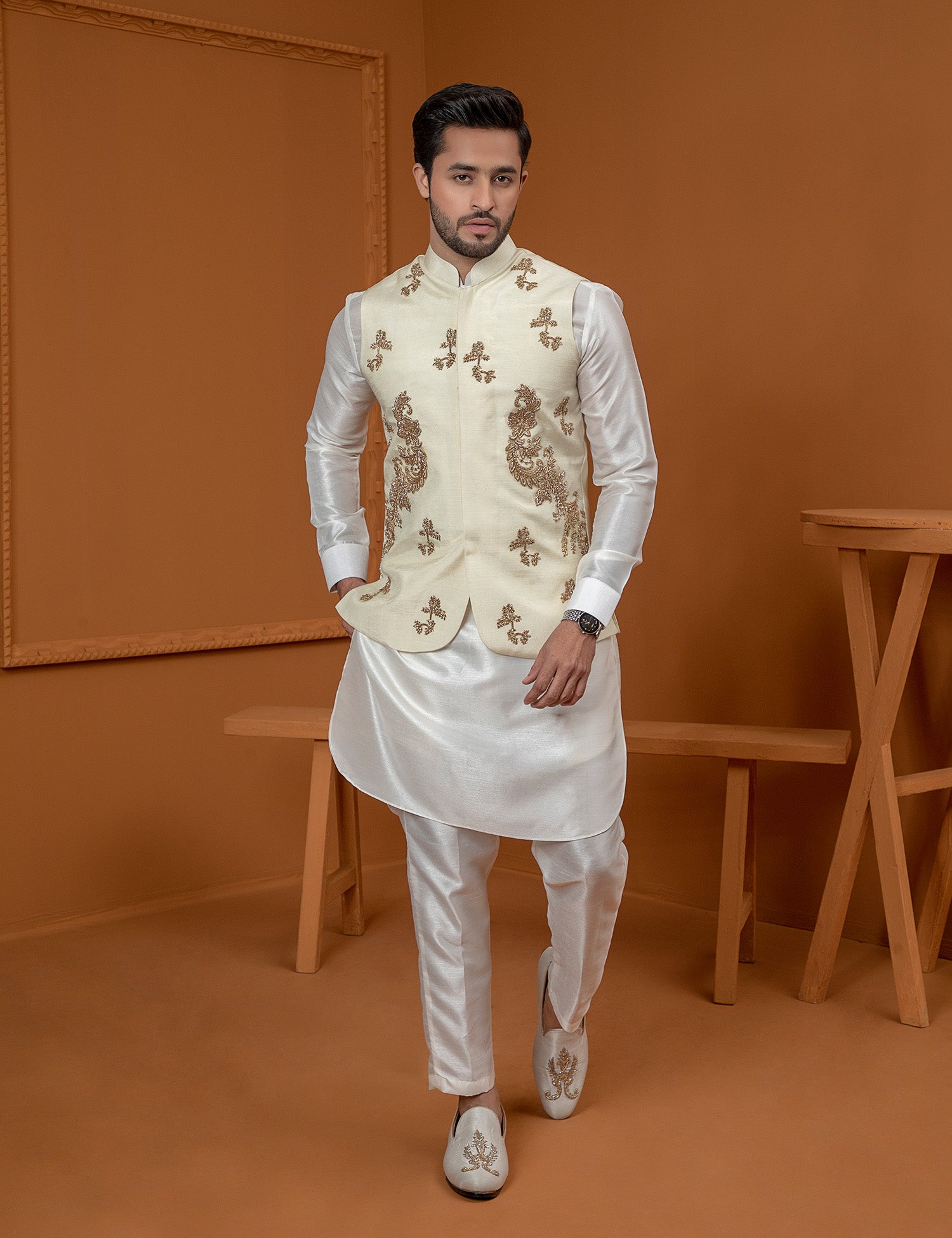 Beige Silk Embellished Waistcoat Kurta Pajama (3-Piece) - Image 1