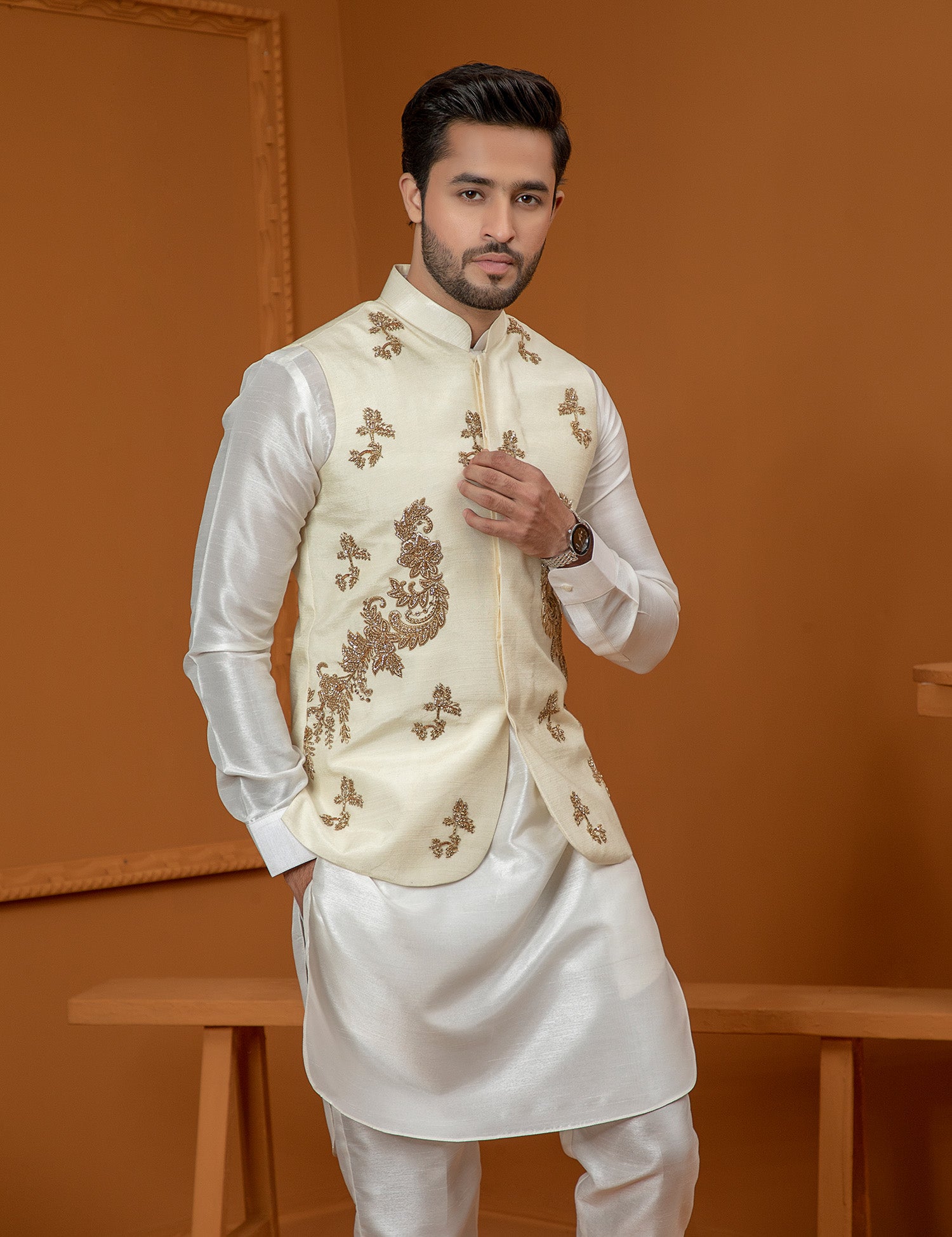 Beige Silk Embellished Waistcoat Kurta Pajama (3-Piece) - Image 2