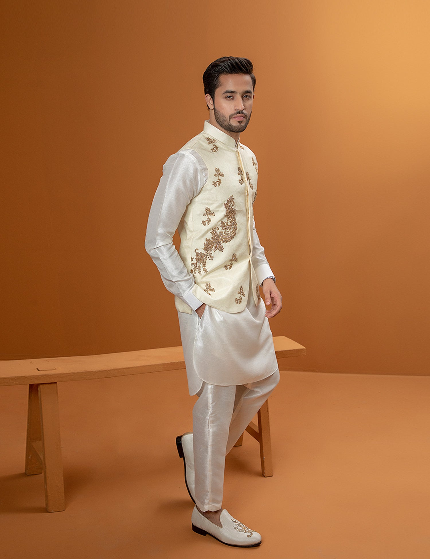 Beige Silk Embellished Waistcoat Kurta Pajama (3-Piece) - Image 3