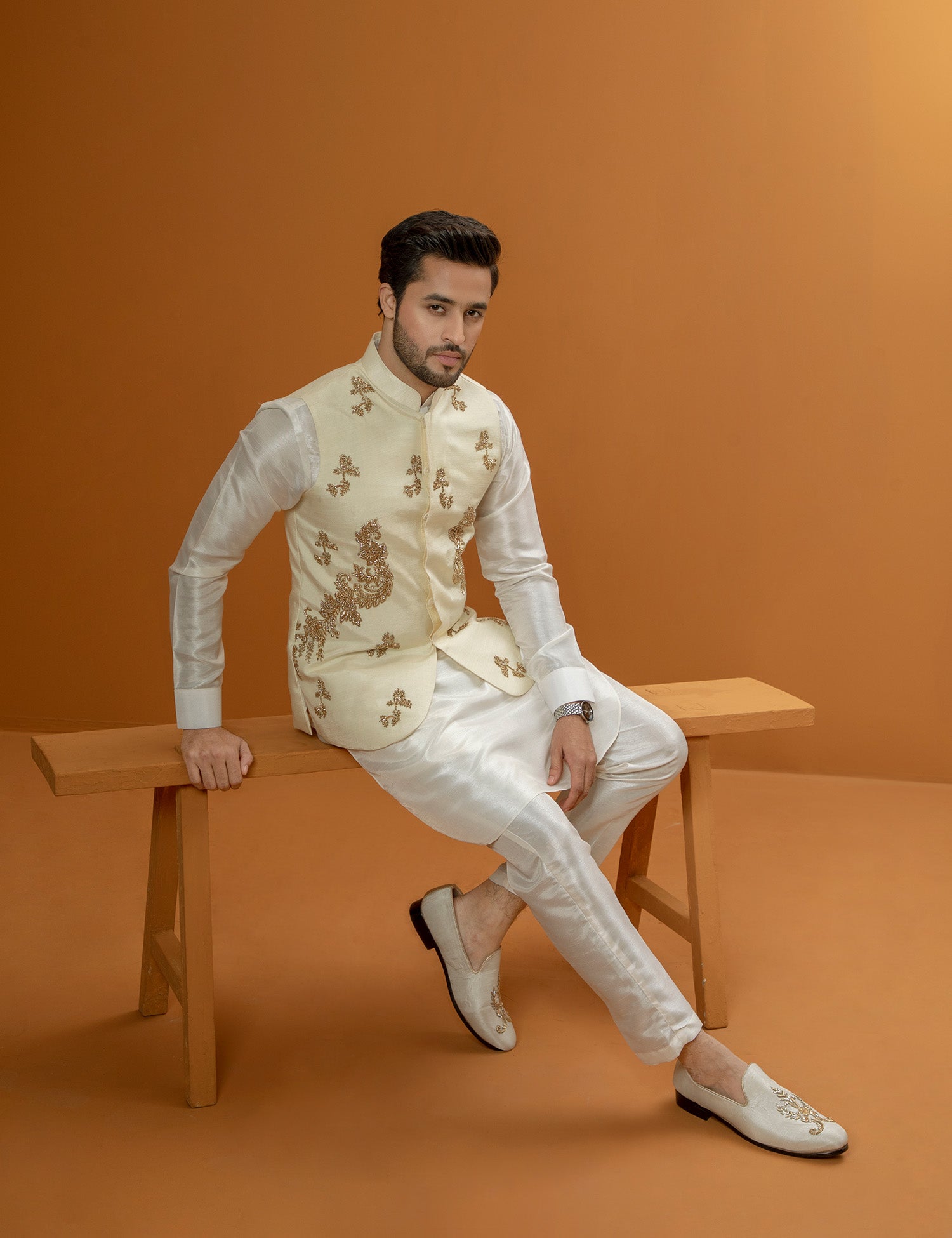 Beige Silk Embellished Waistcoat Kurta Pajama (3-Piece) - Image 4