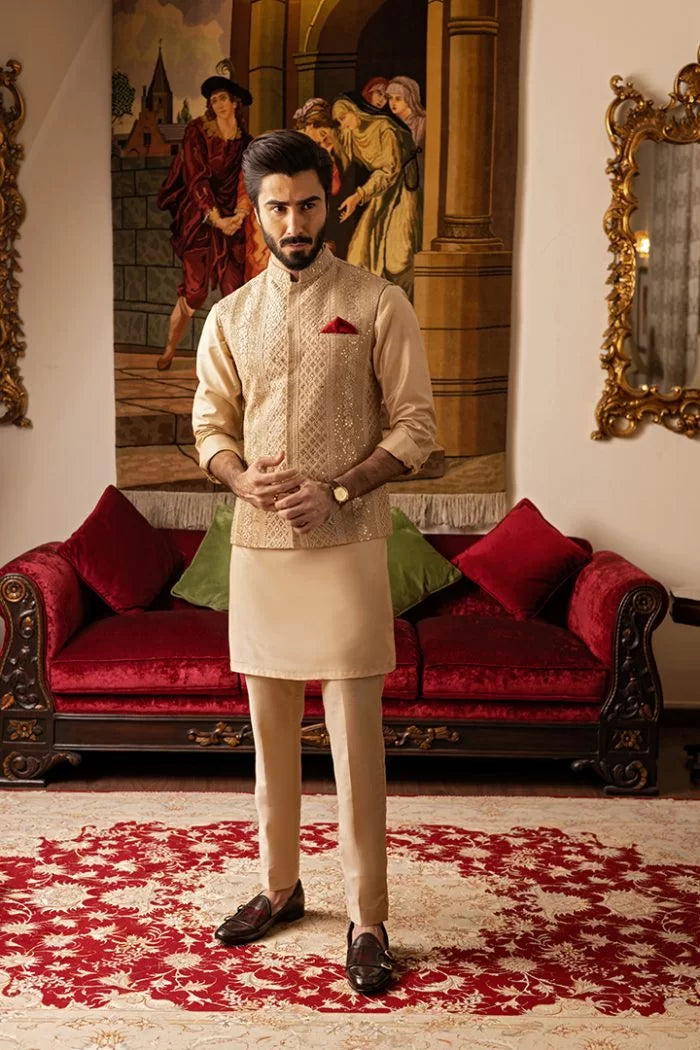 Beige Self-Embossed Waistcoat Kurta Pajama (3-Piece) - Image 2