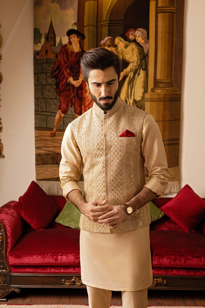 Beige Self-Embossed Waistcoat Kurta Pajama (3-Piece) - Image 3