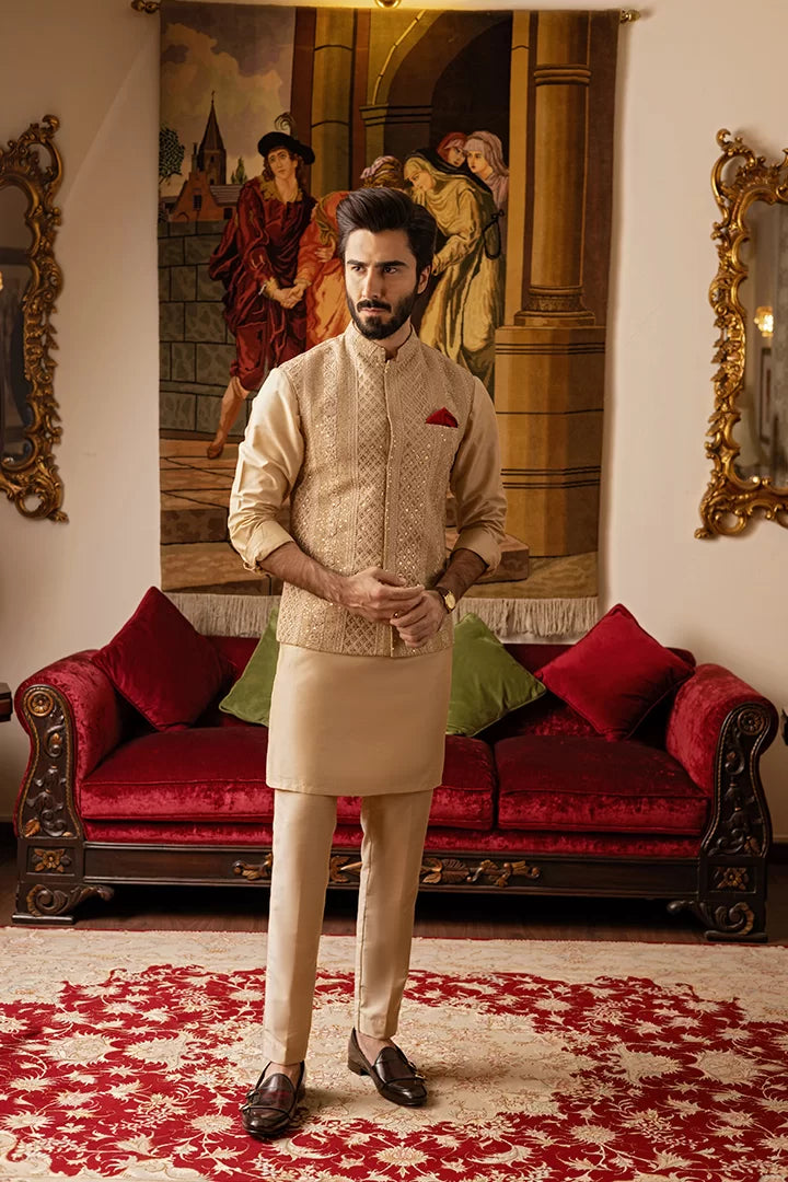 Beige Self-Embossed Waistcoat Kurta Pajama (3-Piece) - Image 4