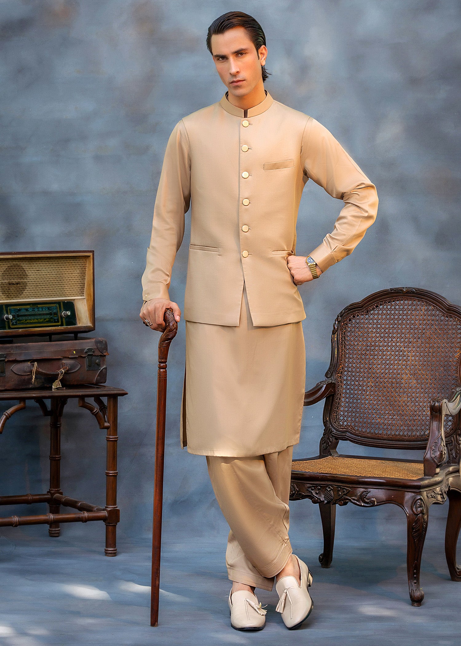 Brown Beige Ari Work Premium Suiting Waistcoat Kurta (3-Piece) - Image 1