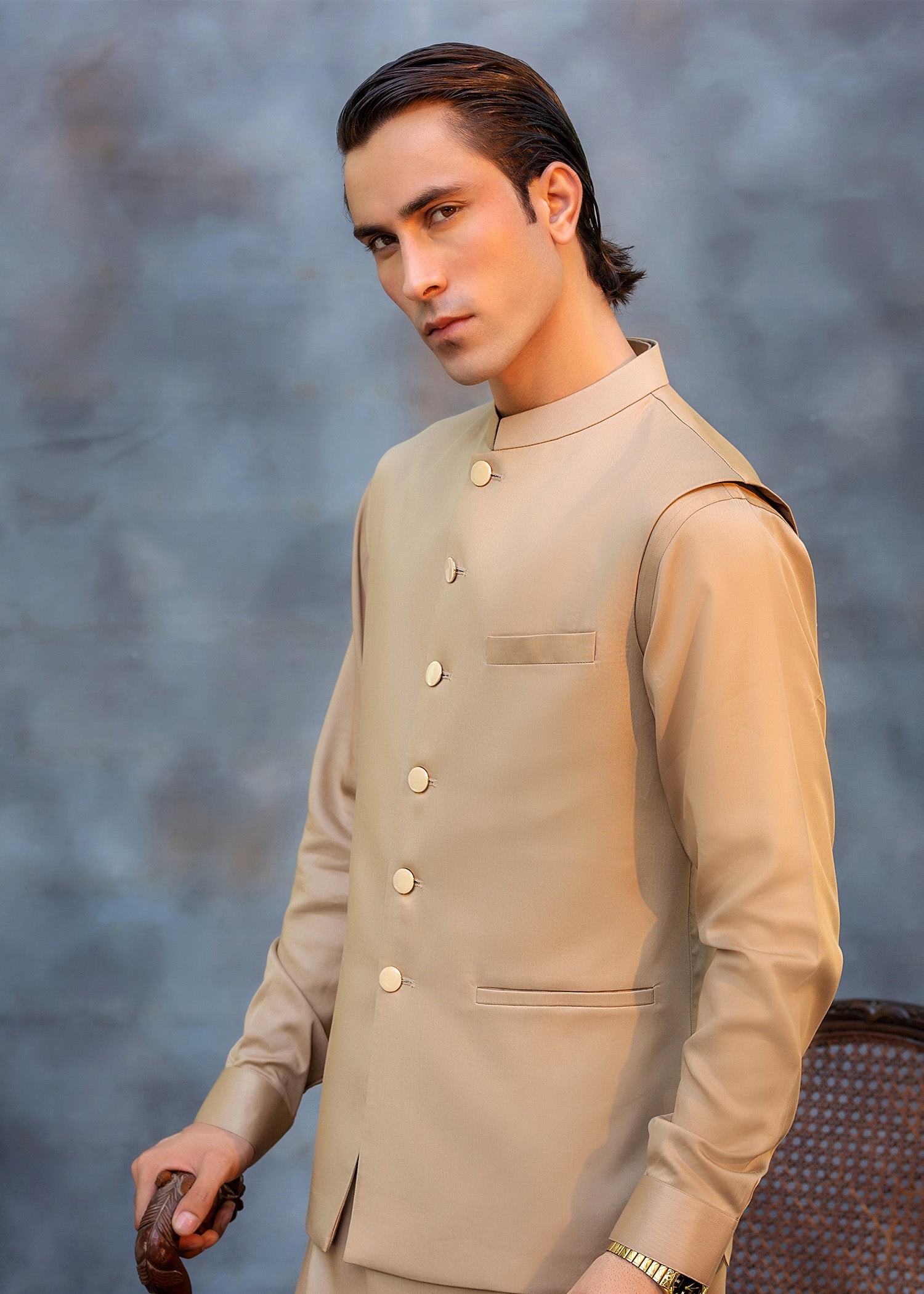 Brown Beige Ari Work Premium Suiting Waistcoat Kurta (3-Piece) - Image 3