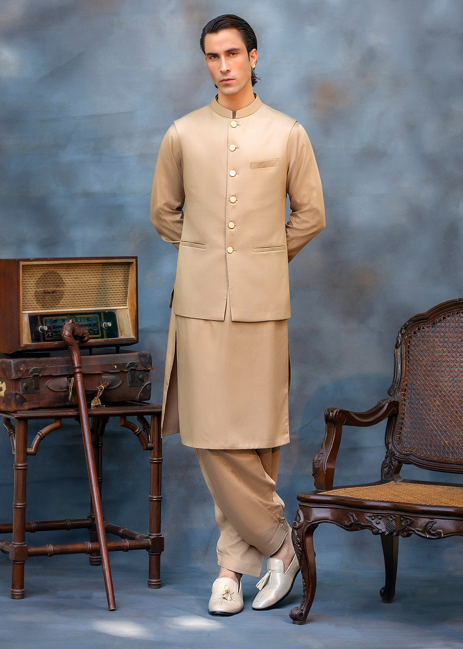 Brown Beige Ari Work Premium Suiting Waistcoat Kurta (3-Piece) - Image 4