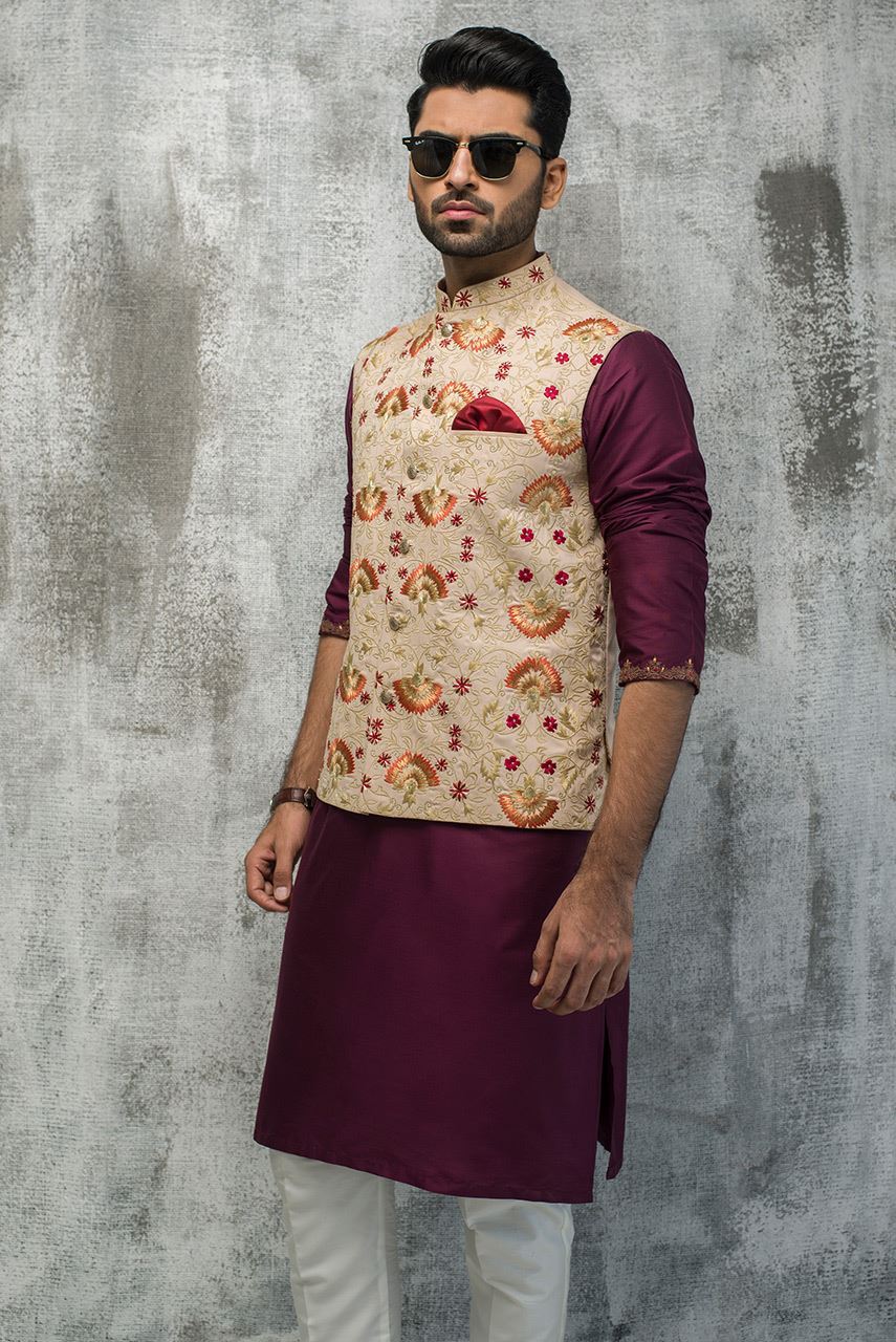 Beige Resham Zari Embroidered Suiting Waistcoat (3-Piece) - Image 1