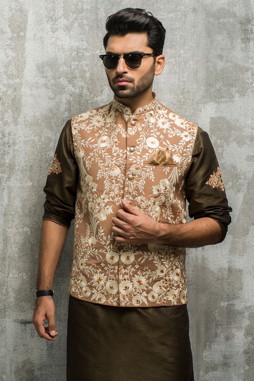Dark Beige Resham Zari Suiting Waistcoat (2-Piece) - Image 1