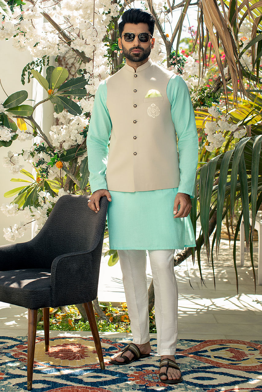 Beige Embroidered Suiting Waistcoat (3-Piece) - Image 1