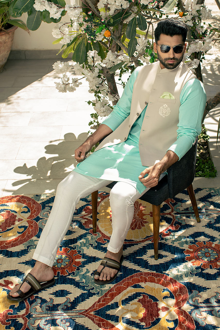 Beige Embroidered Suiting Waistcoat (3-Piece) - Image 2